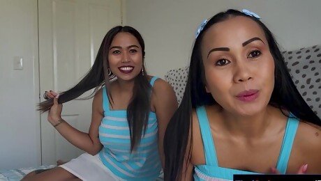 Asian lesbian MILF babes strapon fucking