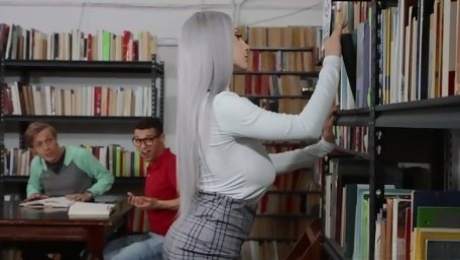 Blonde librarian with huge tits, nasty threesome with two young lads