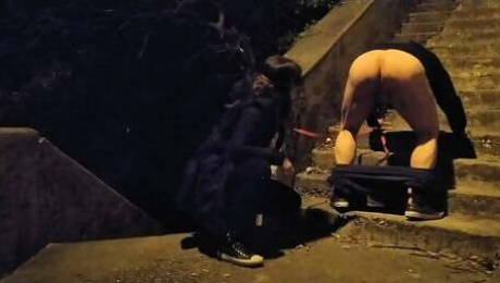 Mother in law sucking  boy cock and lick his ass in public on dog leash