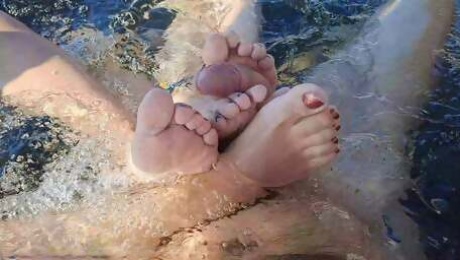 Outdoor Bathtub Threesome Dream Foot Job And Cum On My Wet Step Sisters Feet 4K